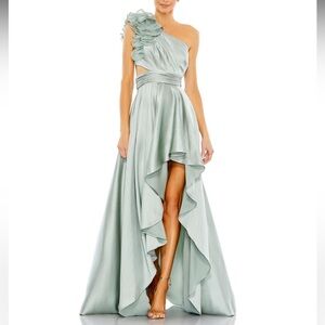 Mac Duggal One-Shoulder High Low Dress in Soft Green